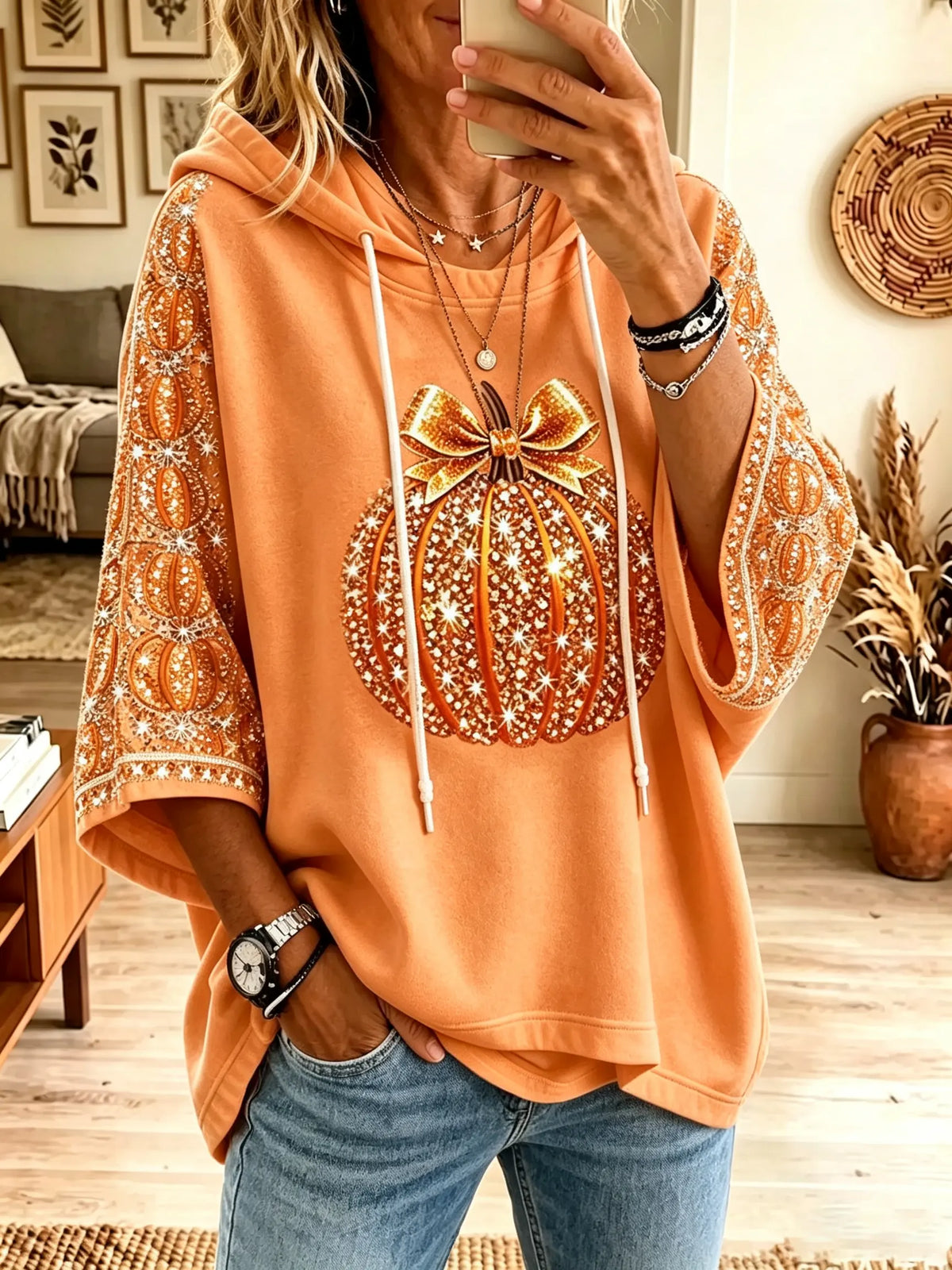 Women's Glitter Bow Pumpkin Short-Sleeve Poncho Hoodie