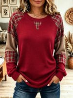 Women's Plaid Patchwork Waffle Knit Top Crew Neck Long Sleeve Casual Blouse