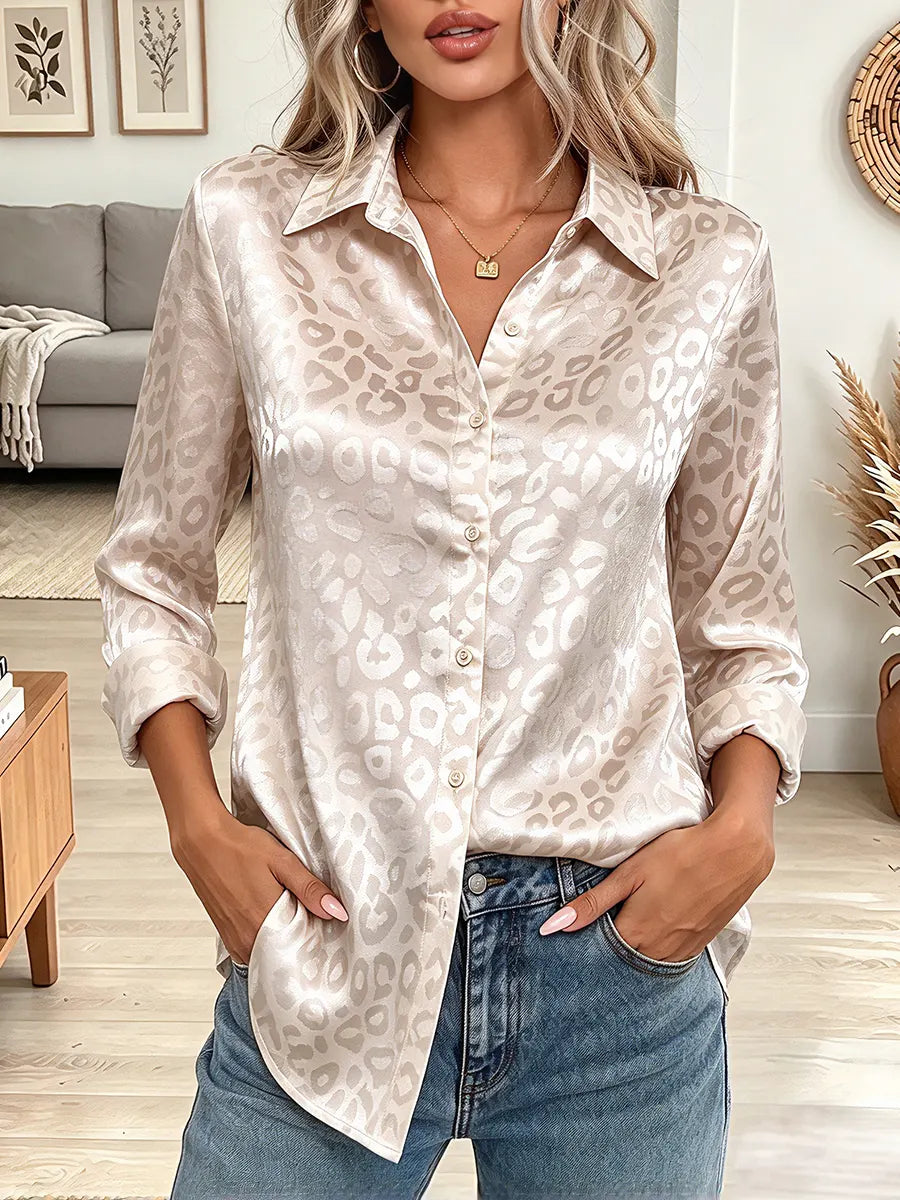 Vintage Elegant Leopard Print Satin Shine Shirt