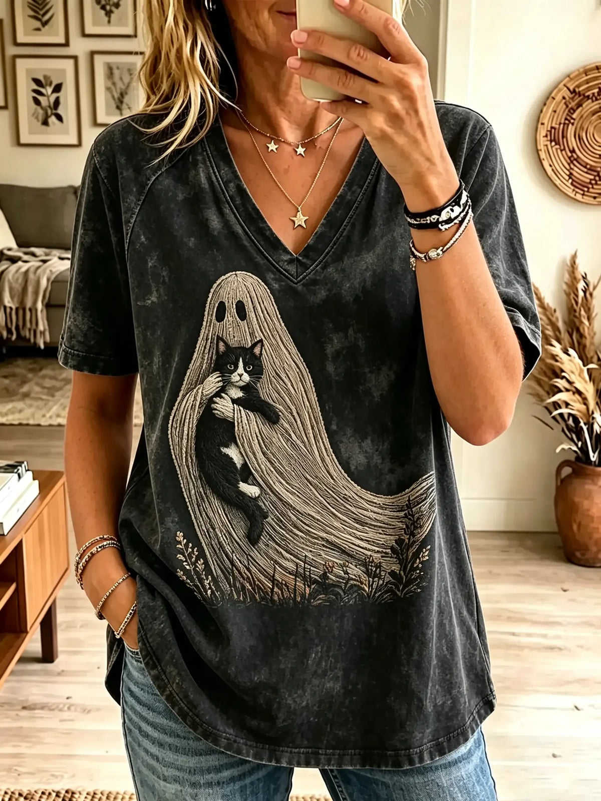 Women's Spooky Ghost Embracing Cat Graphic T-Shirt