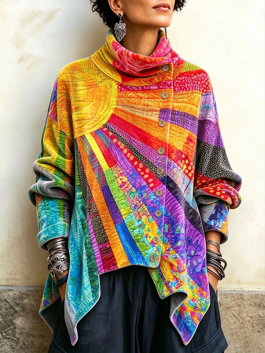 Women's Rainbow Abstract Geometric Print Long-Sleeve Cardigan Top