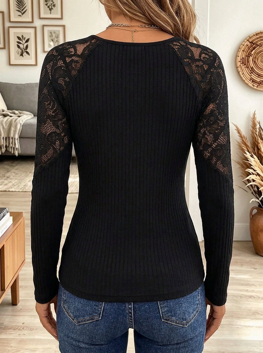 Women's Black Ribbed Knit Lace-Up V-Neck Long Sleeve Top with Crochet Lace Sleeves