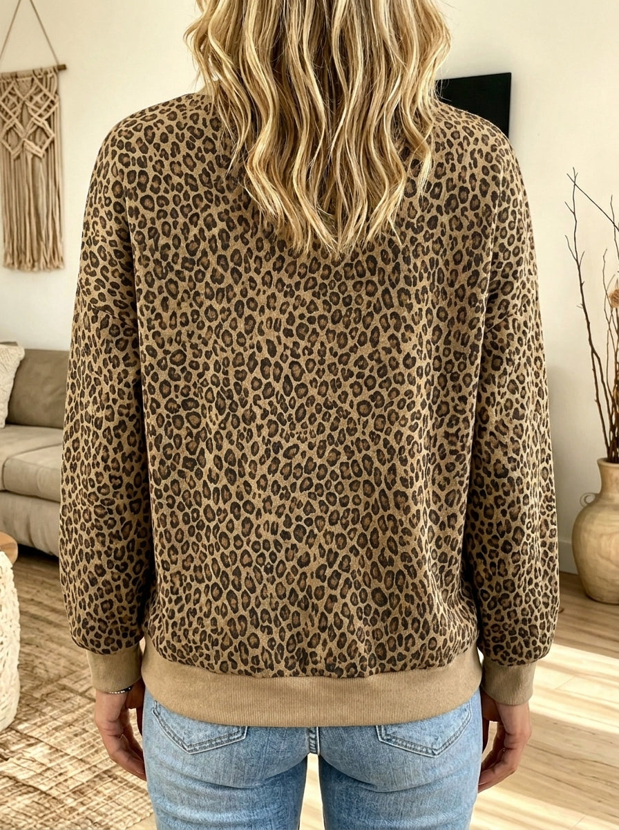 Women Leopard Print Color Block Long‑Sleeve Crew Neck Sweatshirt