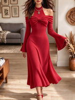 Women's Red Ribbed Knit Halter Off-Shoulder Midi Dress with Front Bow