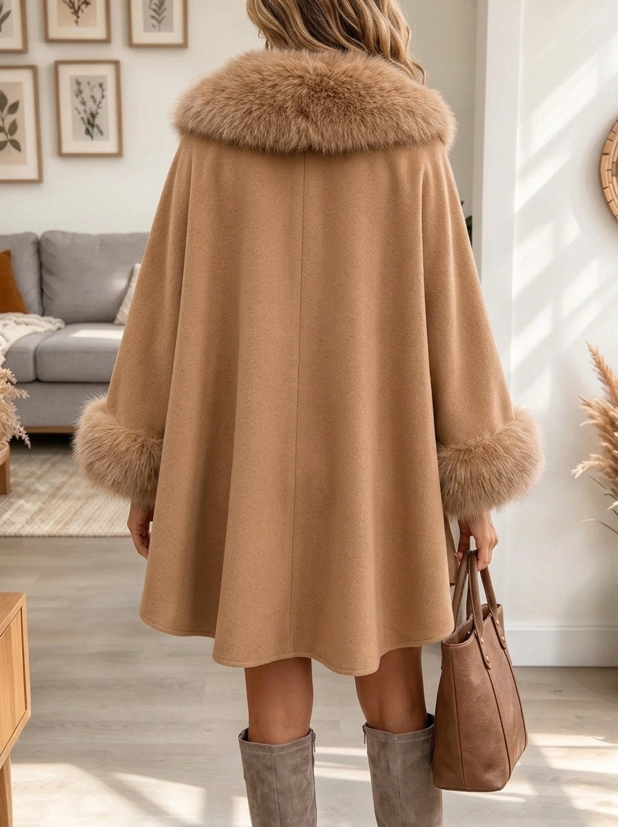 Women's Faux Fur Trim Woolen Cape Coat