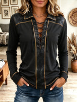 Women Western Faux Leather Lace Up Waffle Knit Long Sleeve Top