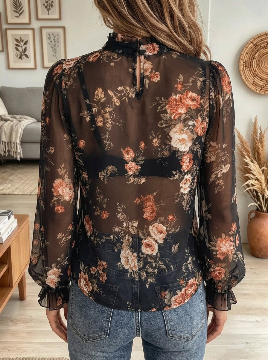 Women's Floral Print Sheer Chiffon Tie-Neck Blouse