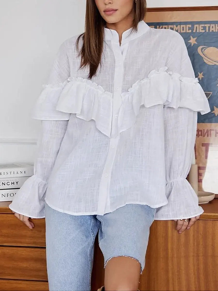 Vintage Ruffle Stand Collar Art Casual Stylish Long Sleeve Cotton Shirt