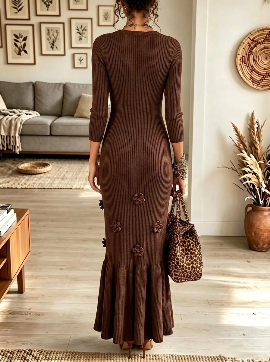 Women's 3D Floral Applique Ribbed Mermaid Maxi Dress