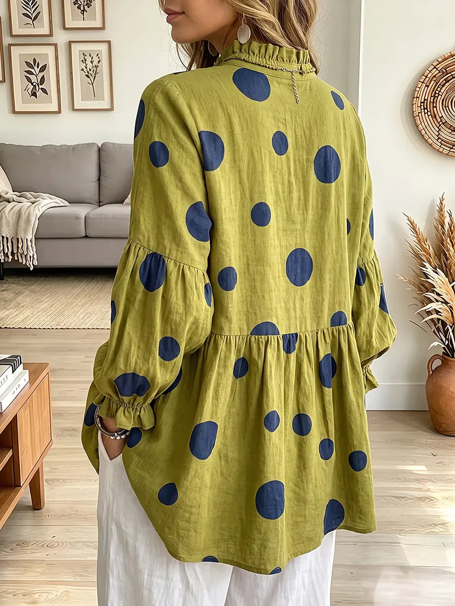 Vintage Elegant Cotton-linen Blend Polka Dots Shirt