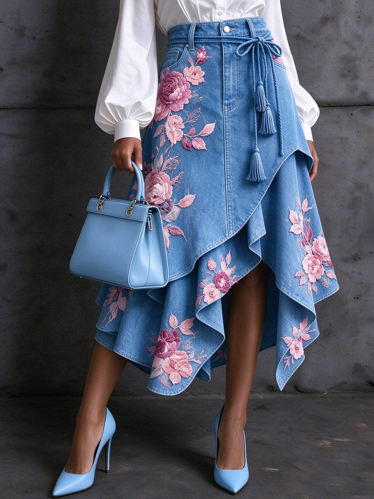 Women Light Denim Pink Floral Embroidery Tiered Asymmetrical Midi Skirt