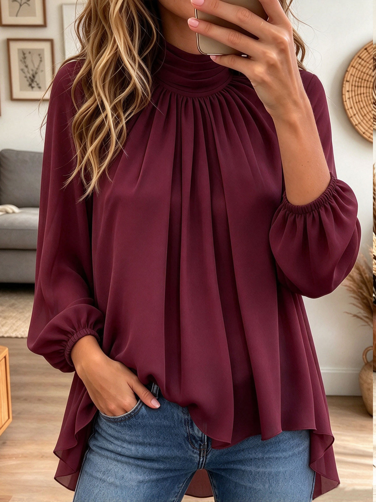 Women's High Neck Pleated Chiffon Blouse Long Lantern Sleeve Top
