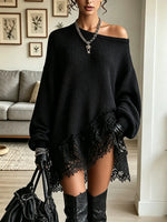 Women's Off-the-Shoulder Lace Hem Sweater Dress