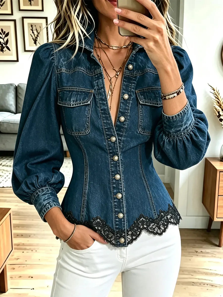 Vintage Lace Patchwork Denim Art Casual Stylish Long Sleeve Lapel Coat