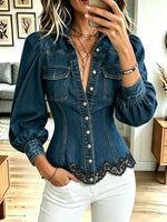 Vintage Lace Patchwork Denim Art Casual Stylish Long Sleeve Lapel Coat