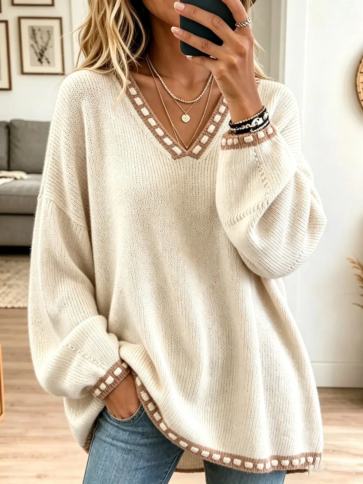 Women's Blanket Stitch Trim V-Neck Slouchy Sweater