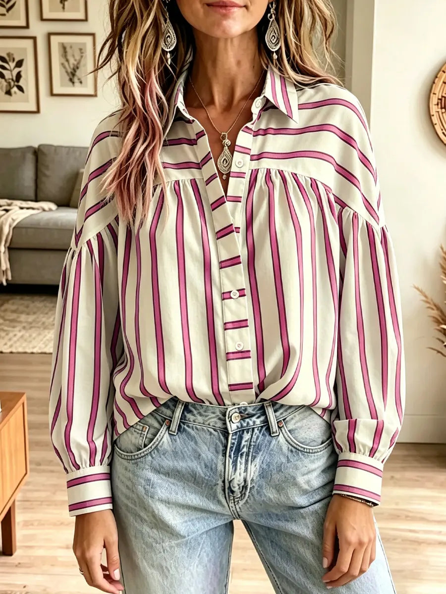 Retro Stripe Pattern Art Casual Lapel Stylish Long Sleeve Shirt