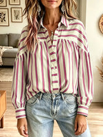 Retro Stripe Pattern Art Casual Lapel Stylish Long Sleeve Shirt