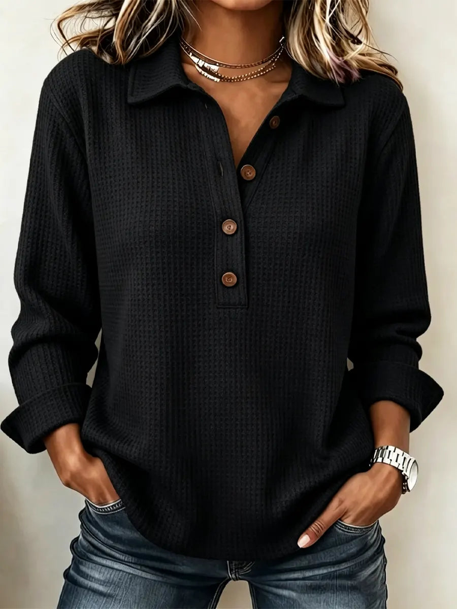 Classic Solid Color Lapel Art Casual Long Sleeve Waffle Shirt
