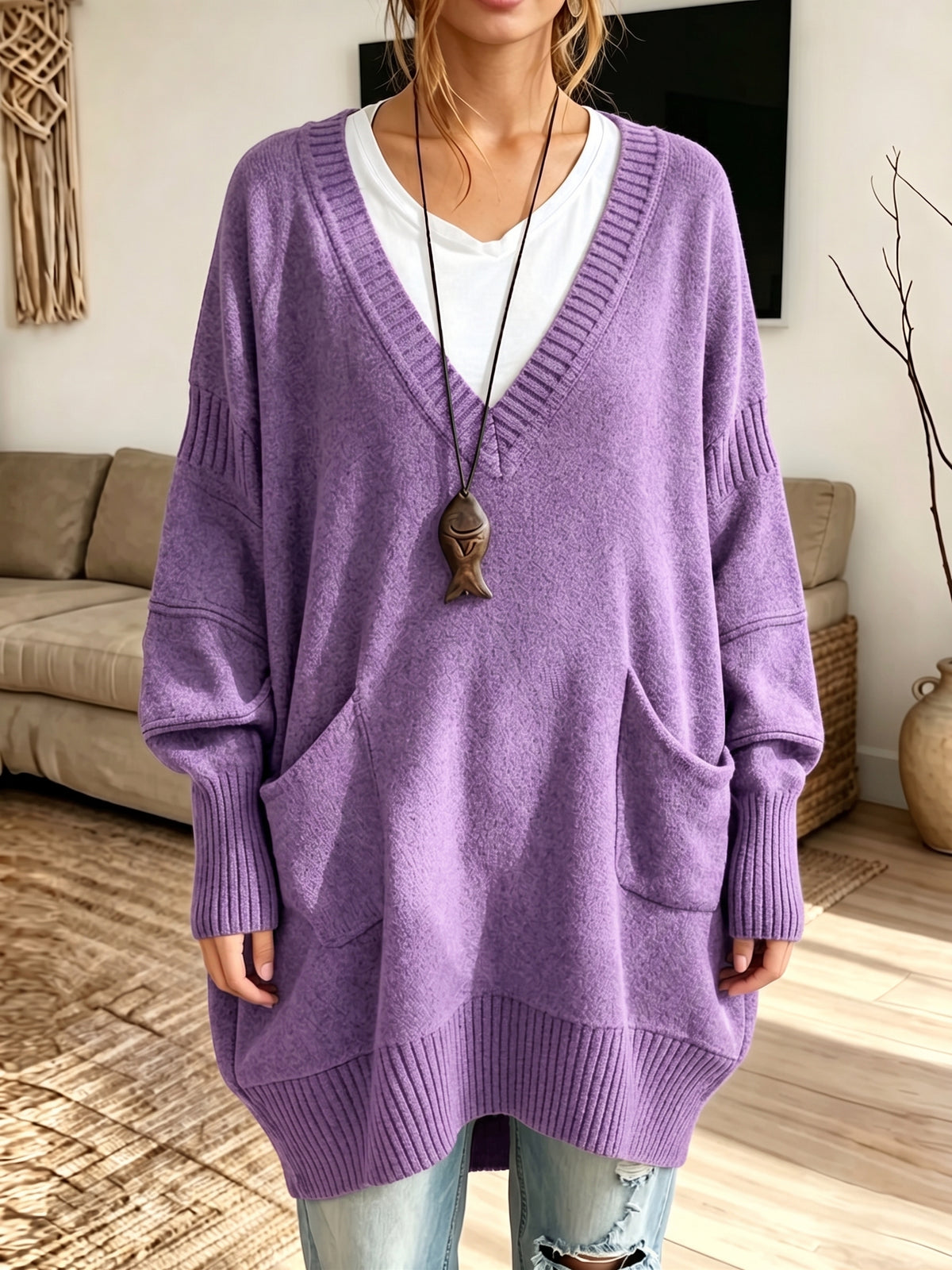 Women Oversized V‑Neck Multi‑Pocket Loose Long Knit Sweater