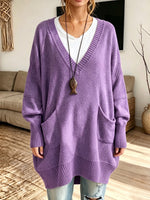 Women Oversized V‑Neck Multi‑Pocket Loose Long Knit Sweater