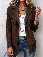 Women Western Faux Suede Fringe Lapel Long Sleeve Jacket