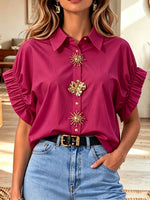 Women White Collared Ruffle Short Sleeve Decorative Gold Button Blouse