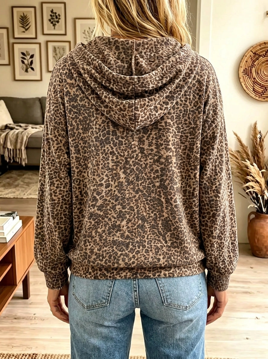 Women's Leopard Print Drawstring Full-Zip Hoodie