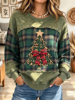 Women's Green Plaid Christmas Tree Graphic Sweatshirt with Raw Edges