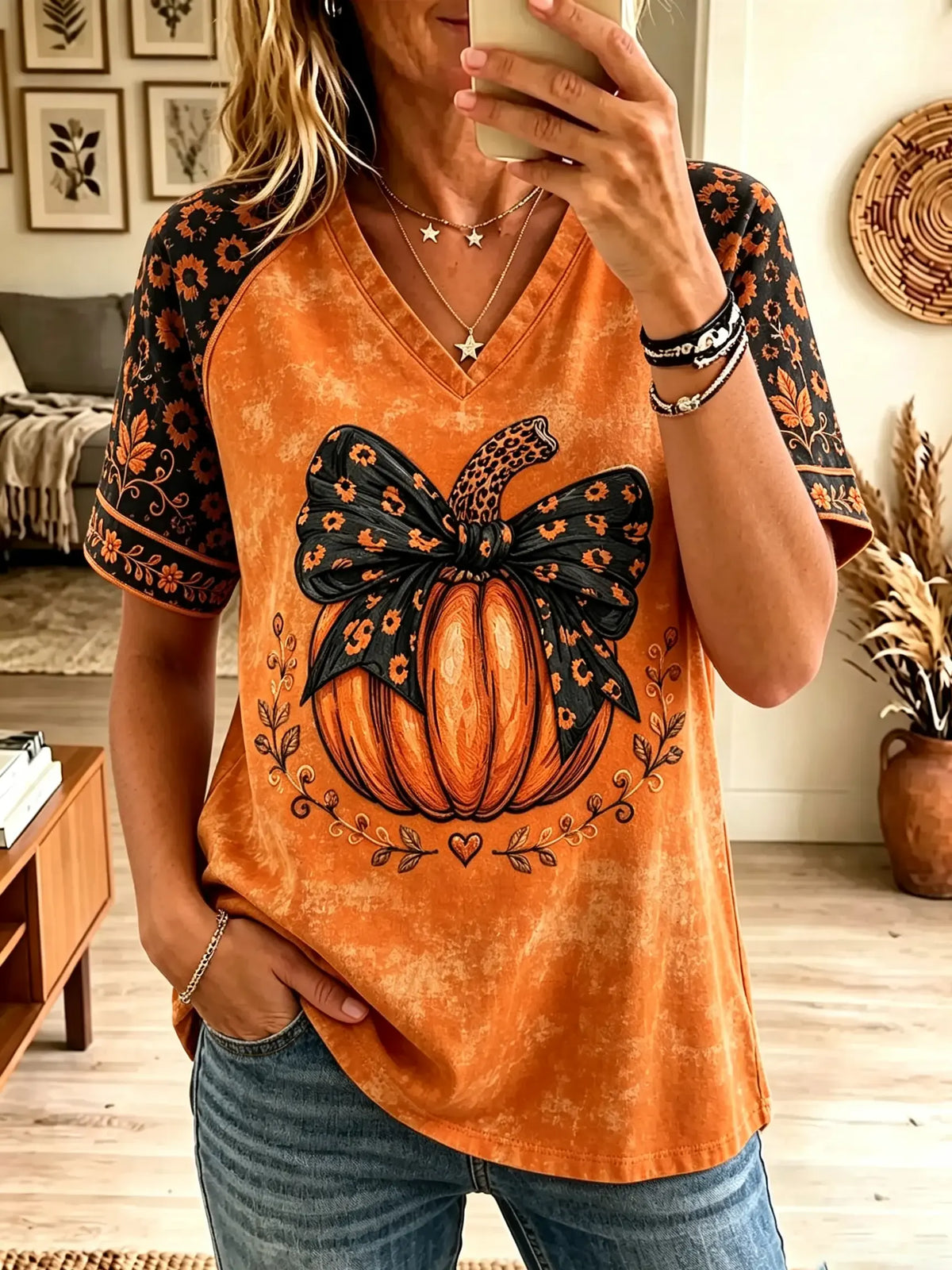 Women's Leopard Bow Pumpkin Floral Raglan T-Shirt