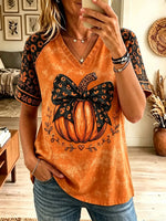 Women's Leopard Bow Pumpkin Floral Raglan T-Shirt