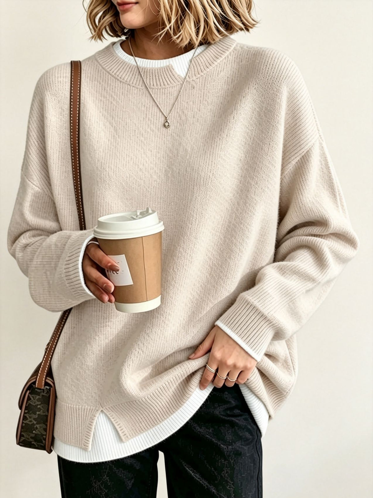 Women Light Blue Mock Two‑Piece Loose Long Sleeve Knit Sweater