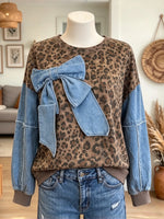 Women's Denim Bow Leopard Drop-Shoulder Sweatshirt