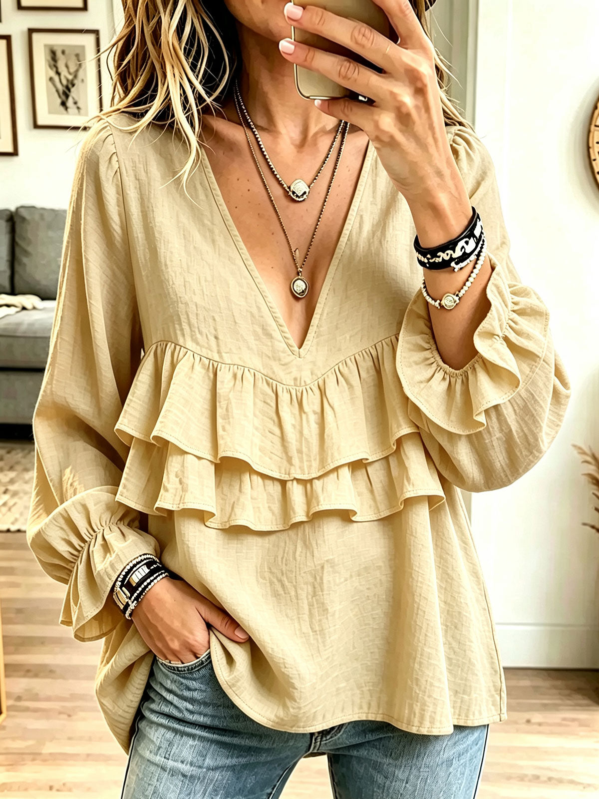 Women V‑Neck Double Ruffle Flounce Long Puff Sleeve Blouse Top