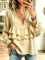 Women V‑Neck Double Ruffle Flounce Long Puff Sleeve Blouse Top