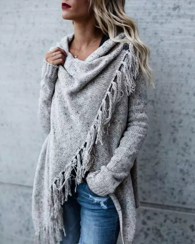 Women Striped Fringe Open Front Knit Cardigan
