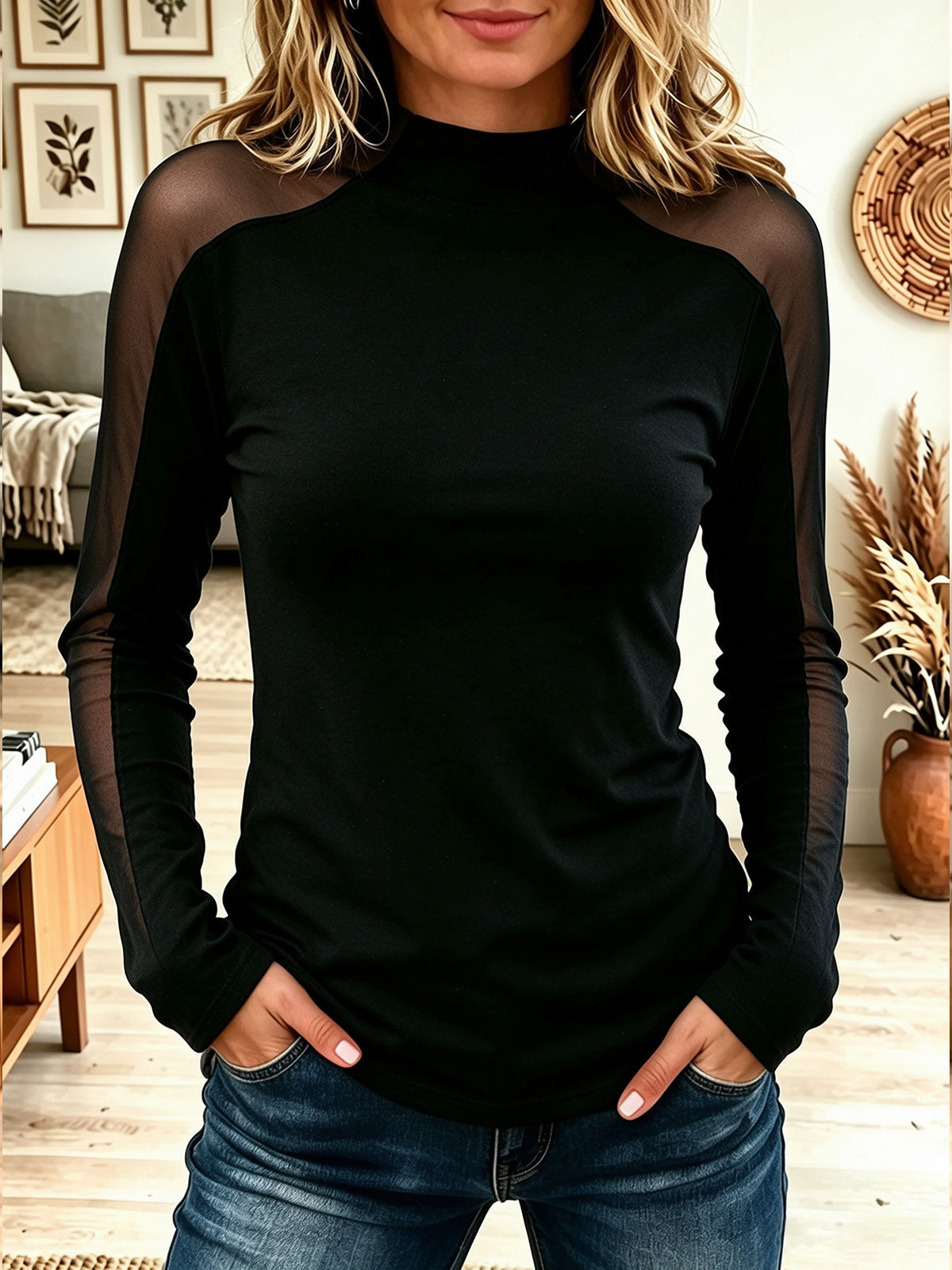 Women Mock Neck Mesh Raglan Sheer Long Sleeve Slim Fitted Basic Top