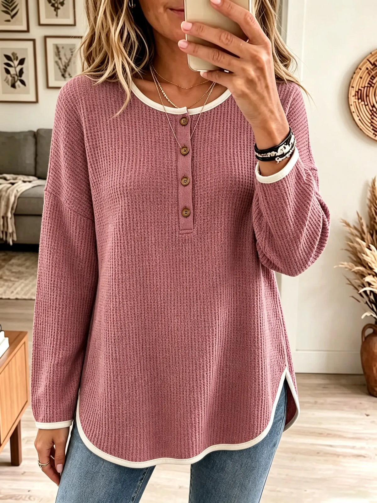 Women's Waffle Knit Button-Down Henley Tunic