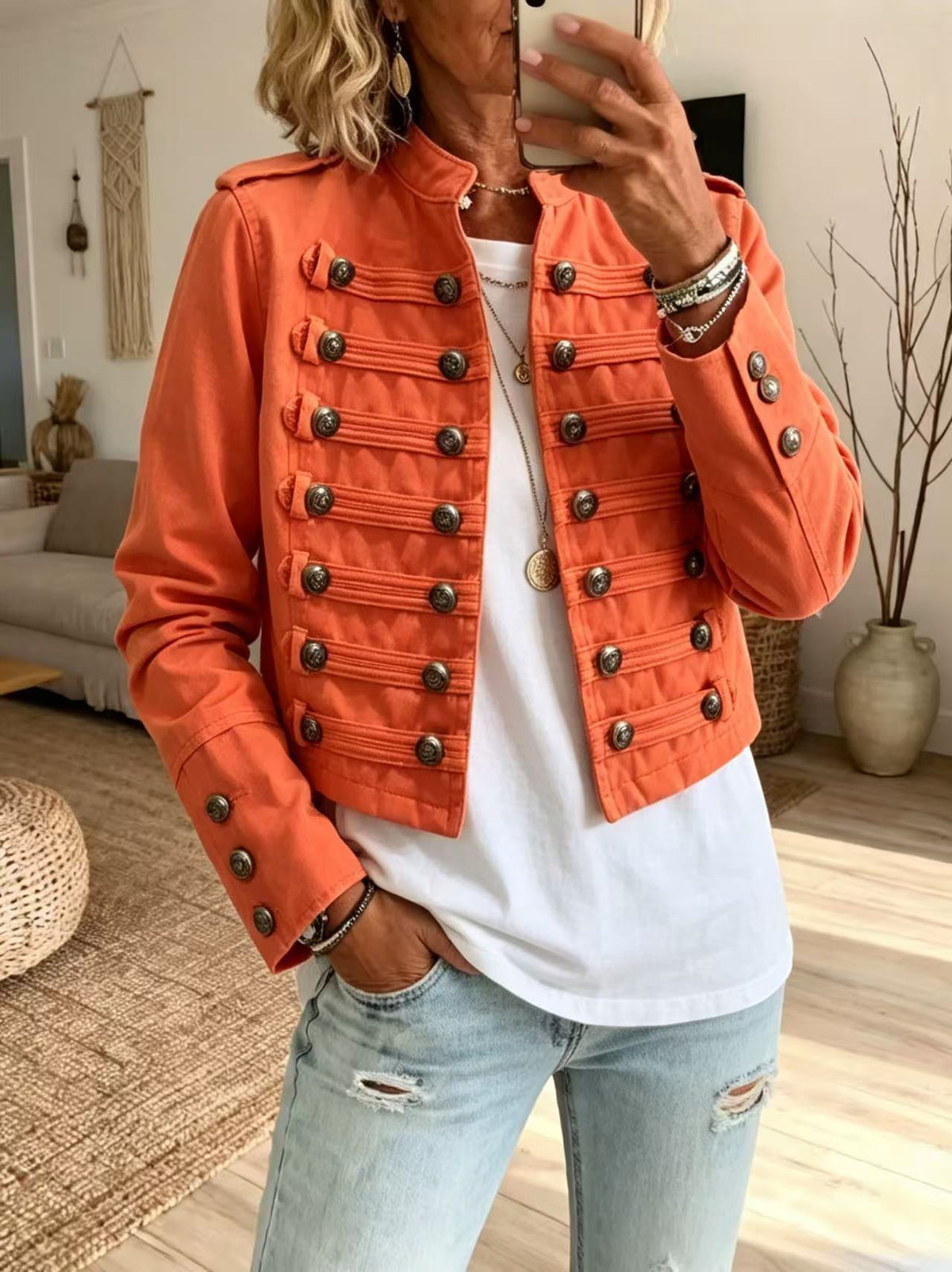Women Military Double Breasted Cropped Denim Jacket