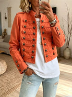 Women Military Double Breasted Cropped Denim Jacket