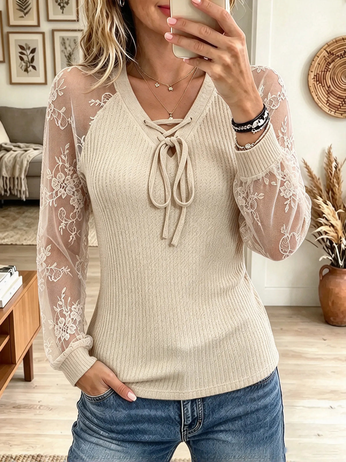 Women's Sheer Floral Lace Sleeve Lace-Up Top