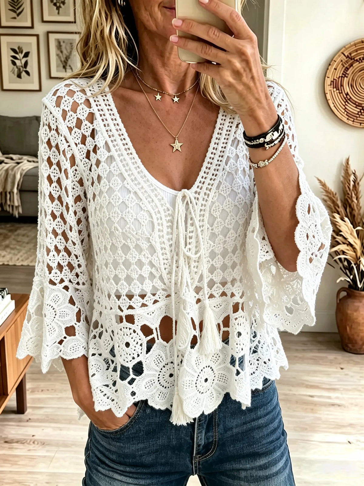 Women's Bohemian Floral Crochet Lace Kimono Top