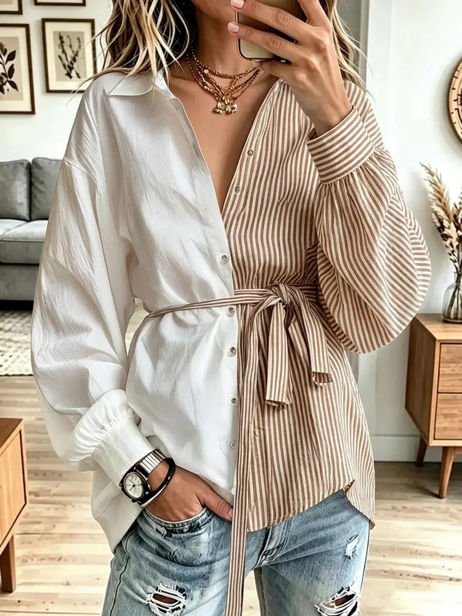 Retro Block Stripe Art Casual Stylish Long Sleeve Cotton Long Shirt