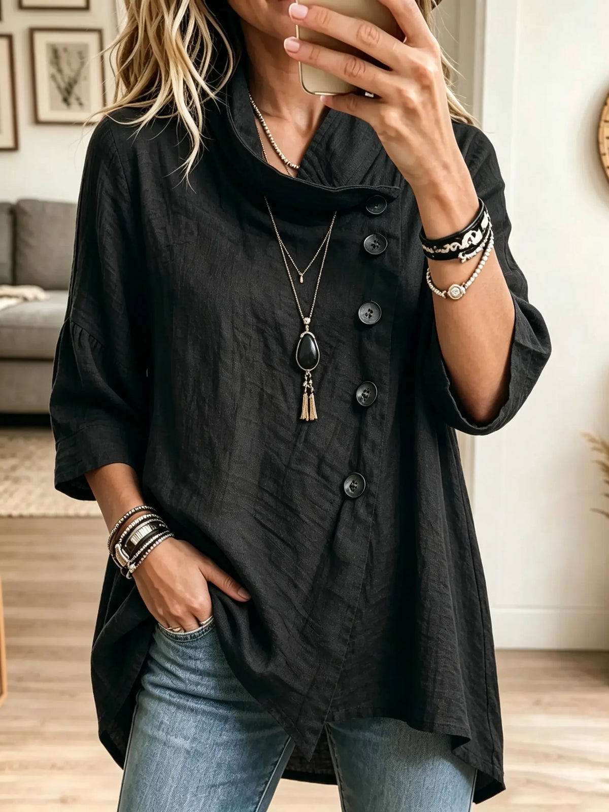 Women's Asymmetrical Cowl Neck Button Linen Tunic