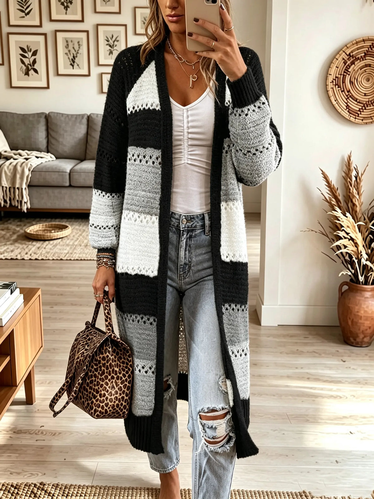 Women's Striped Open-Knit Longline Duster Cardigan