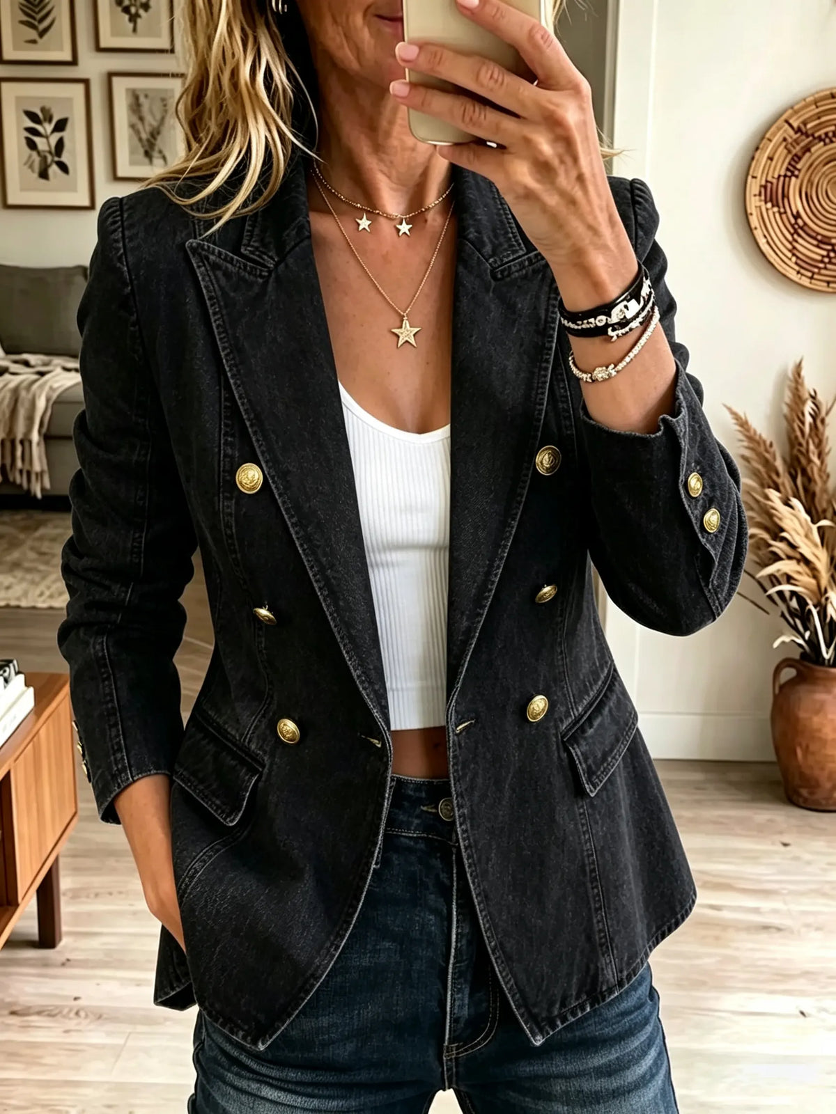 Women's Double-Breasted Tailored Denim Blazer