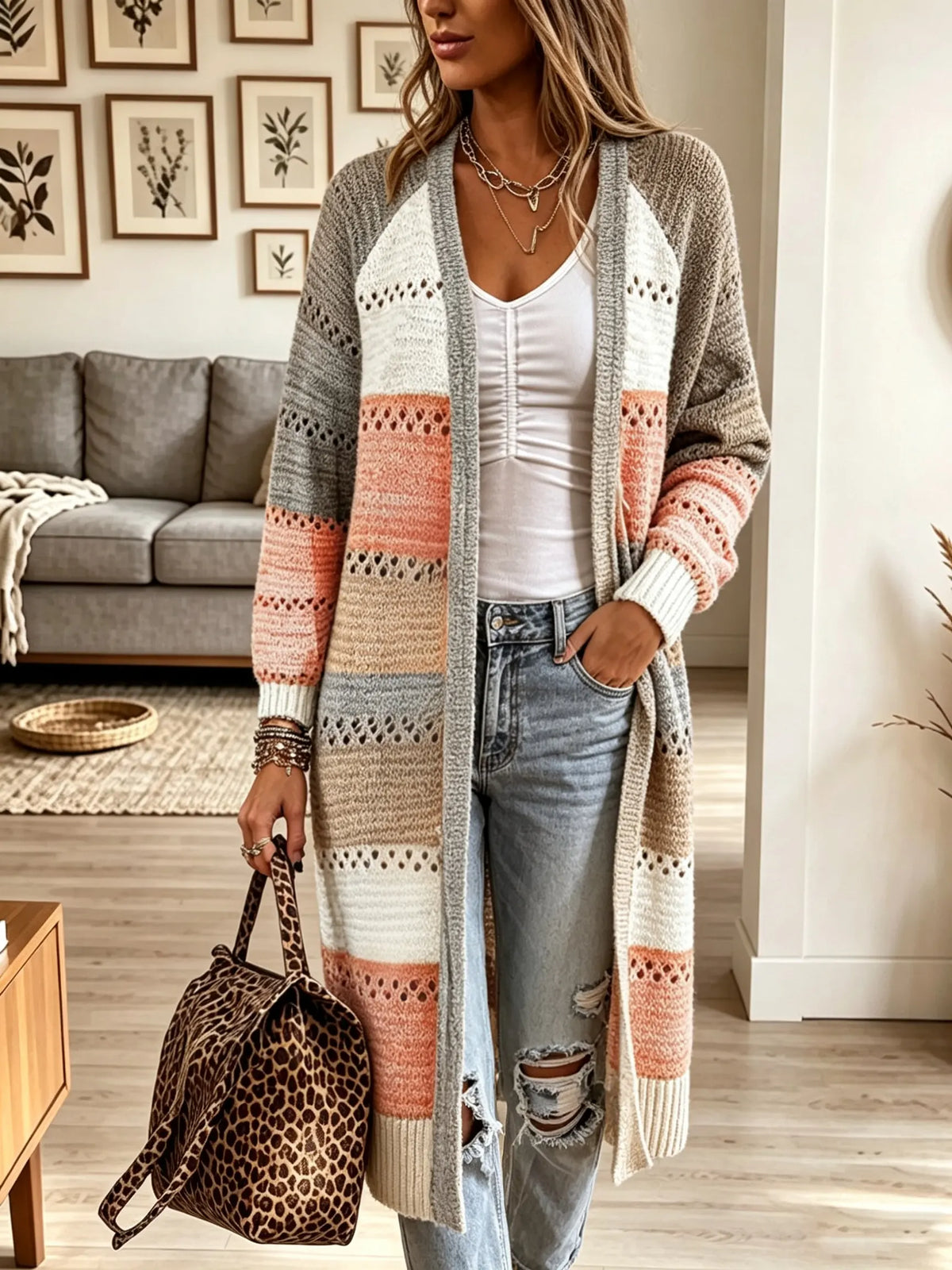 Women's Striped Open-Knit Longline Duster Cardigan