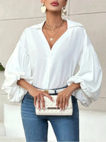 Retro Elegant Balloon Sleeves Art Casual Stylish Lapel Cotton Shirt