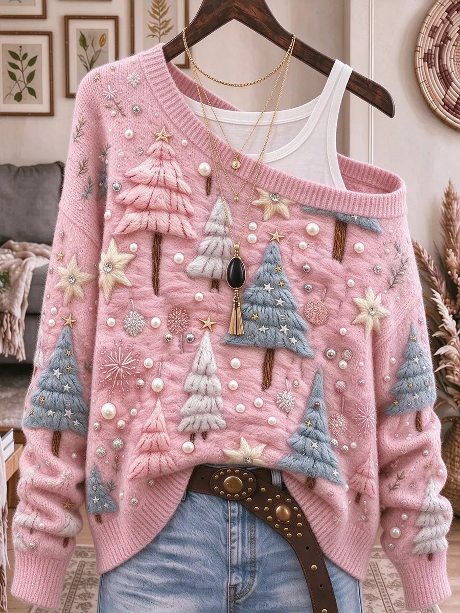 Women's Christmas Seamless Print Off-shoulder Long-sleeve Loose Knit Pullover Sweater