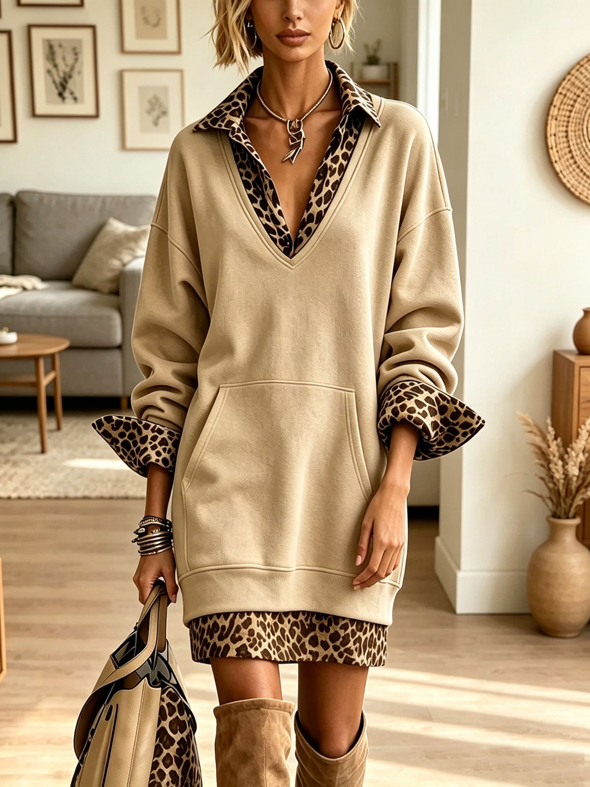 Women Leopard Print Fake Two Piece V Neck Long Sweatshirt Dress With Pocket
